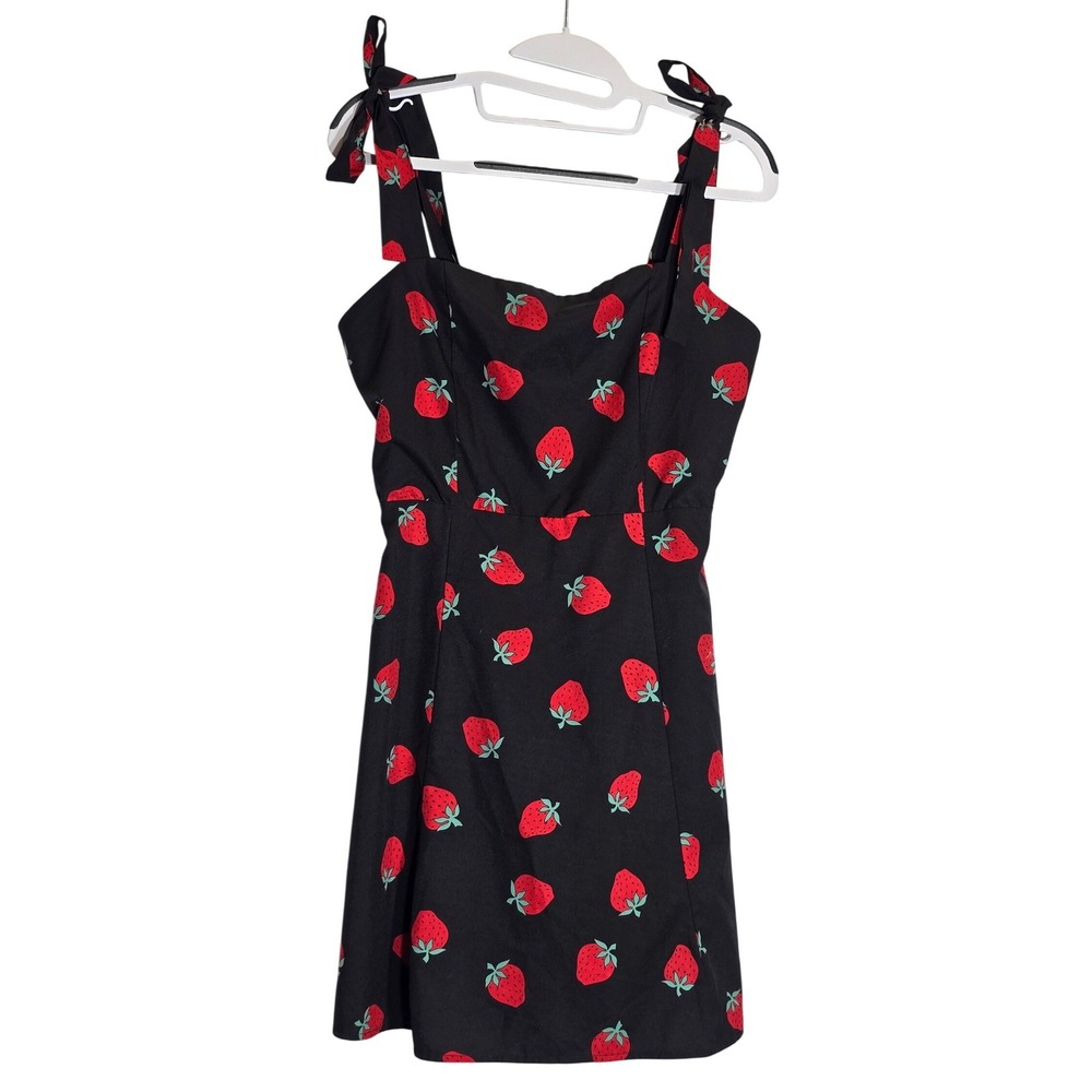 Womens Strawberry Print Mini Dress Sundress Black Red Strap Smocked Back Size M